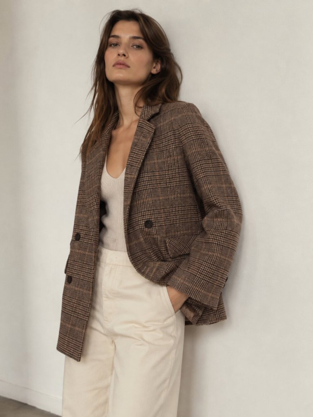 Classic Brown Houndstooth Wool Blazer